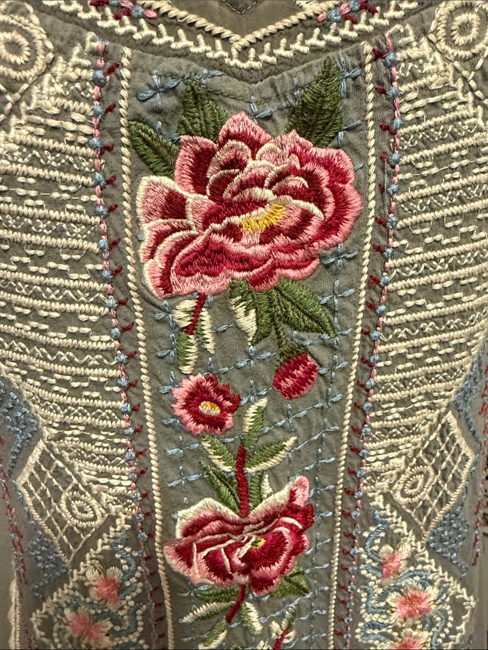 Johnny Was Grey Embroidered Midi Dress with Pink Floral Motif - Picture 3 of 8